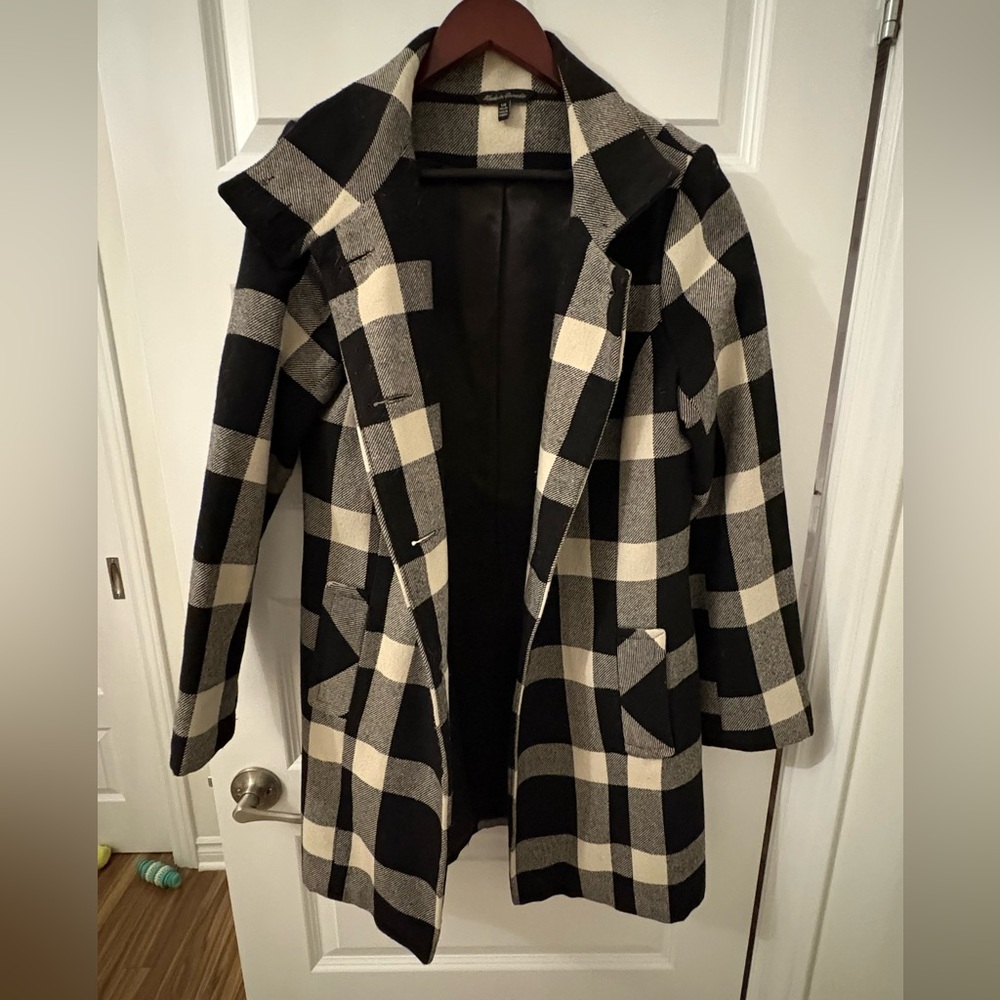 Le Chateau Black and Cream Plaid Trench Coat